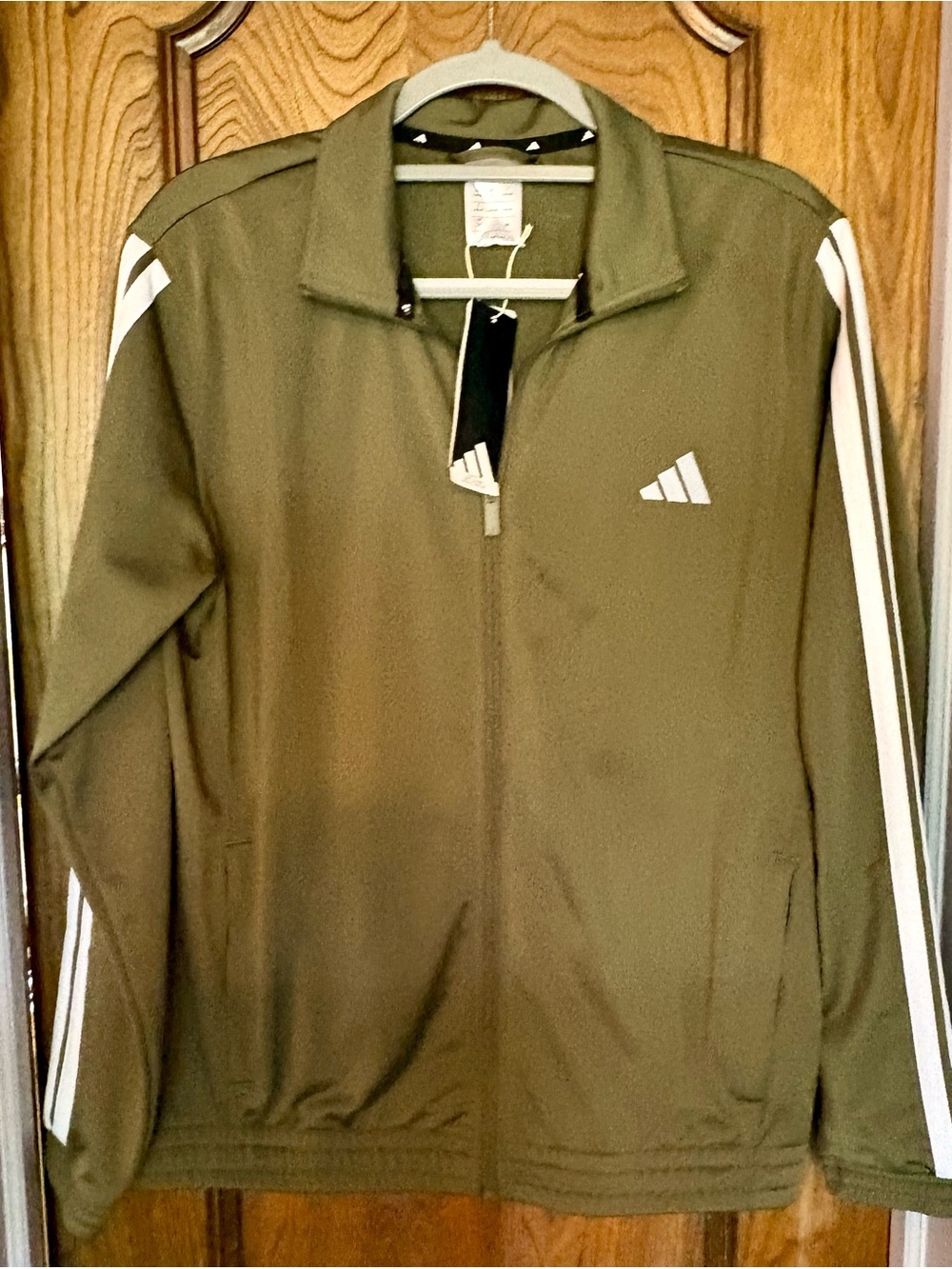 NWT Men's Olive Green Lightweight Full-Zip Track Jacket with White Stripes